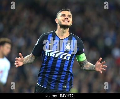 Londres, Angleterre - 28 novembre 2018 Mauro Icardi de l'Inter Milan au cours de ligue de champion Groupe B entre Tottenham Hotspur et l'Inter Milan au stade de Wembley, Londres, Angleterre le 28 novembre 2018. Action Sport Crédit photo FA Premier League Ligue de football et les images sont soumis à licence. DataCo Usage éditorial uniquement. Pas de vente d'impression. Aucun usage personnel des ventes. Aucune UTILISATION NON RÉMUNÉRÉ : Crédit photo Action Sport/Alamy Live News Banque D'Images