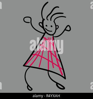 Jeune fille dans une robe. Style de dessin pour enfants. Vector illustration. Silhouette sur un fond gris. Illustration de Vecteur