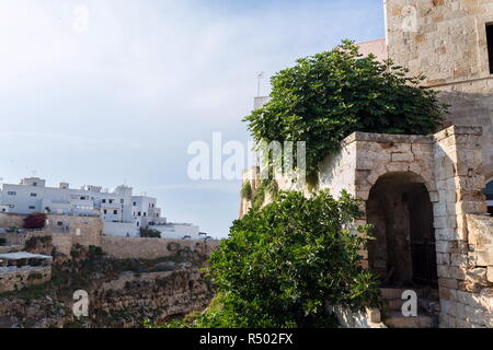 Escaliers avec un passage envahi par de la vieille ville dans le centre historique plus belle plage Lama Monachile à Polignano a Mare, Italie, Mer Adriatique, Pouilles, Bar Banque D'Images