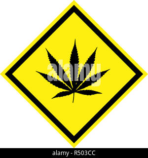 Signe de danger jaune avec symbole cannabis Banque D'Images