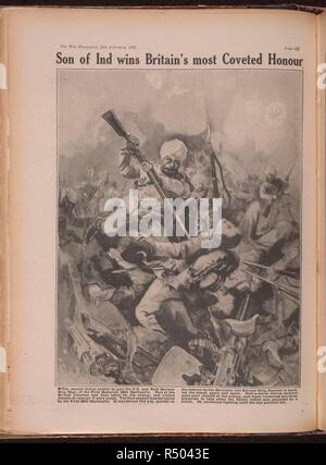 Fils de Ind remporte les plus convoités de la Grande-Bretagne l'honneur.' Naik Darwen Singh Negi représenté dans une action pour laquelle on a reçu la Croix de Victoria. . La guerre illustré. 13 février 1915. Darwan Singh Negi VC a été parmi les premiers bénéficiaires des Indiens, la Croix de Victoria pour bravoure au cours d'une action près de Festubert, en France, au cours de la première guerre mondiale. Article de journal. Source : Colindale, page 622. Banque D'Images