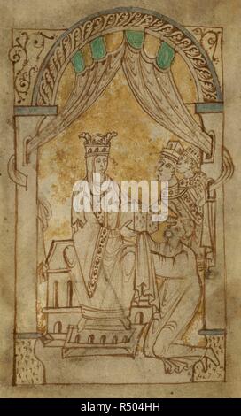 La reine Emma, épouse d'Ethelred II et Cnut, reçoit le livre de son auteur, regardée par ses fils Harthacnut et Edward (le roi Édouard le Confesseur). Encomium de la reine Emma. Normandie, milieu 11e siècle. Source : ajouter. 33241, f.1c. Langue : le latin. Banque D'Images