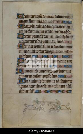 Bas-de-page scène de deux chevaliers avec lances de joute. Psautier ('Le psautier de la Reine Mary"). Angleterre (Londres/Westminster ou East Anglia ?) ; entre 1310 et 1320. Source : Royal 2 B. VII, f.183v. Langue : Français de l'Amérique latine, avec les légendes des images. Banque D'Images