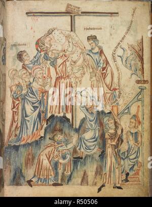 Le Dépôt : Le Christ est descendu de la croix par Nicodème, St Jean et la femme ; St Joseph se lamenter ; Joseph d'Arimathie demande à Pilate l'autorisation d'ensevelir le Christ. Holkham Bible Livre d'images. Angleterre, vers 1320-1330. Source : ajouter. 47682, f.33. Banque D'Images