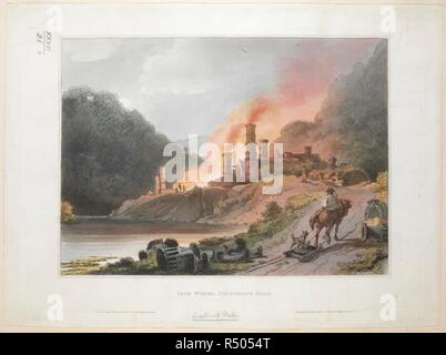 Une vue de l'iron works à Coalbrookdale dans le Shropshire. Une figure sur un cheval en premier plan ; un chemin vers l'iron works ; un incendie en milieu sol ; un plan d'eau sur la gauche ; les arbres au loin. . Iron Works, Colebrook dale. À partir de l'original du dessin de P.I. De Loutherbourg R.A. [Paris] : Publié par R. Bowyer Galerie historique, Pall Mall, Jany 1 1805. 1 : impression et gravure à l'aquatinte avec coloration à la main platemark ; 30,9 x 30 cm (couper à l'intérieur platemark le long bord supérieur), sur feuille 31,6 x 42,6 cm. Source : Maps K.Haut.36.20.o. Auteur : Philippe-Jacques de Loutherbourg. Banque D'Images