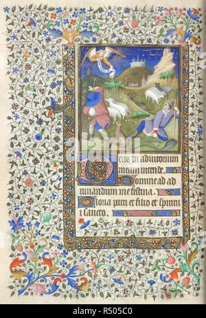 Miniature de l'Annonciation aux bergers, avec un illumianted "D" initial(eus), et une frontière foliée, au début de Terce dans les heures de la Vierge. Livre d'heures, l'utilisation de Paris. La France, l'Europe centrale (Paris) ; c. 1410 - c. 1420. Source : Yates Thompson 46, f.61v. Langue : le latin et le français. Banque D'Images