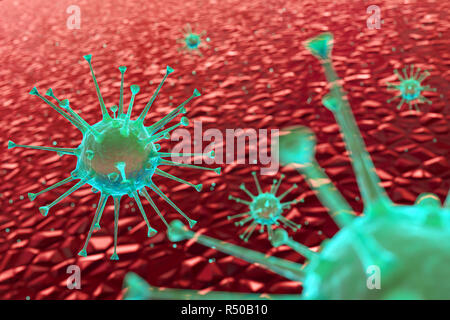 Modèle 3D de certains virus ou bactéries dans son environnement microscopique Banque D'Images