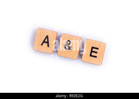 L'abréviation A&E - Accident et d'urgence, de l'épeautre avec des lettres. Banque D'Images