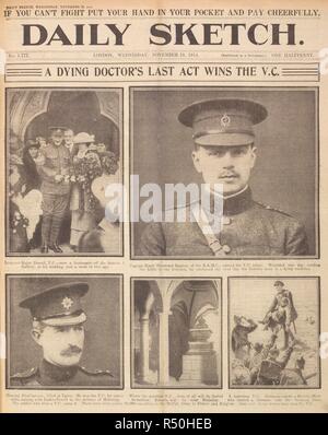 Un dernier acte du médecin mourant remporte le V.C. (Croix de Victoria). Images photographiques de sergent-major : Dorrell' ; 'Le Capitaine Harry Sherwood Ranken, de l'R.A.M.C. (Le médecin de la première page) ; le général FitzClarence ; la tombe du général Roberts ; et, d'une image d'un soldat britannique blessé le sauvetage d'un soldat allemand". . Daily Sketch. Londres, le 18 novembre 1914. Première Guerre mondiale. Source : Daily Sketch page avant. Banque D'Images