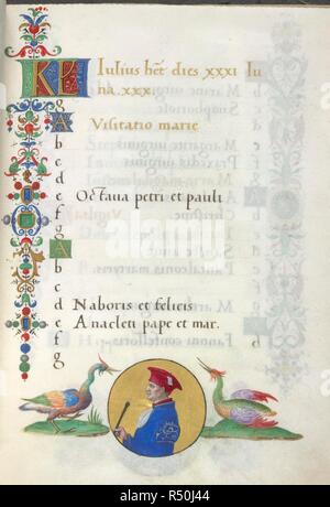 Page de calendrier pour juillet, avec une miniature d'un homme de profil, flanquée par les oiseaux, dans la marge inférieure, avec une frontière partielle. Livre d'heures, l'utilisation de Rome (le 'Heures de Bonaparte Ghislieri', anciennement connu sous le nom de 'l'Albani heures'). L'Italie, N. (Bologne) ; c. 1500. Source : Yates Thompson 29, f.7. Langue : le latin. Banque D'Images