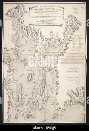 Une carte topographique de la baie de Narraganset . Une carte topographique de la baie de NARRAGANSET dans la province de Nouvelle Angleterre, avec toutes les îles qui y figurent, parmi lesquels le Rhode Island et le CONNONICUT ont été particulièrement étudiés.  : Qui Fais la véritable position des banques, des hauts-fonds, rochers &c. de même que les sondages : auxquels ont été ajoutés les plusieurs ouvrages et batteries soulevées par les Américains. [Paris] : gravés et imprimés pour WM. FADEN, Charing Cross, comme la Loi enjoint, Juillet 22d. 1777. Source : Maps K.Haut.120,41. Langue : Anglais. Banque D'Images