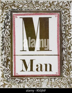 Lettre M : l'homme. Lettre d'or avec bordure décorative. Cartes de l'alphabet. Londres : T. Nelson & Fils, [1858]. Les cartes d'instructions qui accompagne : 'que les lettres toutes être empilé dans un tas confus, à partir de laquelle l'enfant peut soulever un par un. Qu'il garde tout ce qu'il peut correctement le nom, et que l'enseignant prendre tous les noms qu'il a mal, jusqu'à la pile de lettres est divisé en deux tas, qui peuvent être comptés. Si le tas est le plus grand, c'est, s'il a nommé le plus grand nombre à droite, il a acquis le jeu. Si le prix est un sucre-prune ou toute bagatelle, il saura générer beaucoup d'intérêt ; l'enfant sera soo Banque D'Images
