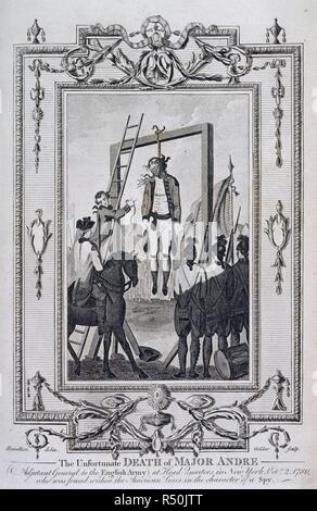 Exécution du Grand AndrÃ©. La nouvelle de l'histoire complète et impartiale de l'Angleterre. Alex. Hogg : Londres, 1790. Le malheureux décès du Major AndrÃ©. Soldat anglais pendu comme espion, 1780, pendant la guerre d'Indépendance américaine. Image prise à partir de la nouvelle de l'histoire complète et impartiale de l'Angleterre à l'origine édité/produit en Alex. Hogg : Londres, 1790. . Source : 9502.i.6, après 694. Auteur : Hamilton. BARNARD, Edward. Goldar. Banque D'Images