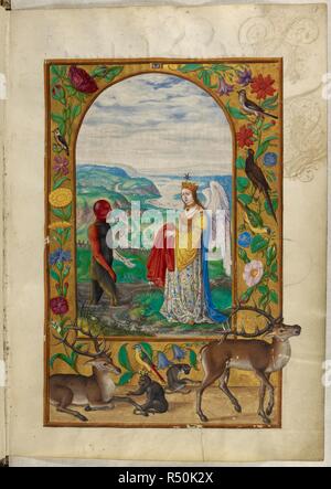 Illustration de la parabole : Un quatrième queen propose une robe d'un homme noir sortant d'une piscine, sa tête couverte en partie par un globe de verre ; bordures décorées avec des cerfs, des singes, des oiseaux et des fleurs. Splendor Solis. Allemagne, 1582. Source : Harley 3469, f.18. Langue : Allemand. Auteur : Trismosin, Salomon. Banque D'Images