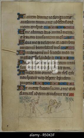 Bas-de-page scène d'une mère singe poursuivi par un chasseur, soufflant une corne et portant une lance. Selon la légende, elle portera son enfant dans ses bras et son moins favorite sur son dos, mais elle sera probablement déposer lorsqu'il est poursuivi. Psautier ('Le psautier de la Reine Mary"). Angleterre (Londres/Westminster ou East Anglia ?) ; entre 1310 et 1320. Source : Royal 2 B. VII, f.107v. Langue : Français de l'Amérique latine, avec les légendes des images. Banque D'Images
