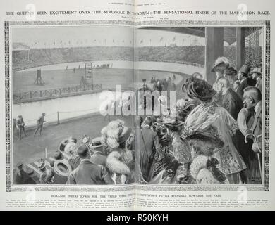 La Reine un vif enthousiasme pour la lutte dans le stade : la finition sensationnelle de la course de marathon. Dorando Pietri vers le bas pour la troisième fois : la lutte futile du concurrent en direction de la bande." Pietri a été disqualifié après avoir été aidé plus de la ligne d'arrivée par les juges-arbitres. L'Américain, Johnny Hayes a été déclaré vainqueur. . Illustrated London News. 1er août 1908. Londres, Jeux Olympiques de 1908. Source : Illustrated London News, supplément. Banque D'Images