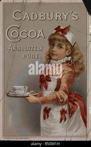 Cadbury's cacao. Absolument pur. Publicité. Une affiche ou carte commerciale avec une illustration d'une jeune fille tenant une tasse de cacao Cadbury's. Imprimé par W. Hagelberg, Berlin. 1885 ?. 12 cm. Source : EVAN.4133. Langue : Anglais. Banque D'Images