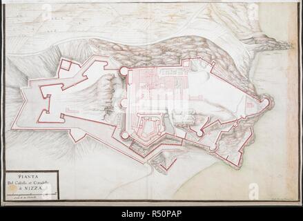 Belle de Provence. Vue d'ensemble de Nice depuis le nord, avec le faubourg et pont sur la rivière Paillon au premier plan, remparts entourant la citadelle au sommet d'une colline couronnée par le château et la batterie de canons au-delà, et la Méditerranée en arrière-plan. Titre au comprimé ovale décoré de dauphins et de fleurs. Texte manuscrit au verso. Belle de Provence. environ 1650. 1 dessin : encre et aquarelle ; 38 x 57,5 cm la feuille. Source : Maps K.Haut.76.47. Langue : Français. Banque D'Images