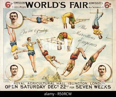 Royal Agricultural Hall, Islington. World's Fair, ch. 1885. Les gestionnaires et les preneurs à MM. H. & T. Lire & F. Bailey. L'Eugene merveilleux. Le battant a été créé par Alfred Eugene Eugene Cooke 1880 inclus et Thomas et Robert Eugene (Turner, J. M. Victorian arena. Les artistes interprètes ou exécutants. Appuyez sur Lingdales, Formby, 1995). Une collection de brochures, prospectus et autres imprimés relatifs aux infirmières de l'entertainment et de la vie quotidienne. Culliford Londres, c. 1885. Acrobates, saltimbanques. Source : Evan.444. Auteur : Evanion, Henry. Banque D'Images