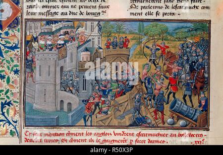 Capture d'un bastion à Troyes. Chronique d'Angleterre [Volume III]. S. Pays-bas [Bruges] ; fin du 15e siècle. Miniature [seulement] Capture d'un bastion à Troyes ; les soldats d'assaut et les archers sur Troyes Image prise à partir de la Chronique d'Angleterre [Volume III]. Publié à l'origine/produit dans S. Pays-bas [Bruges] ; fin du 15e siècle. . Source : Royal 14 E. IV, f.59v. Langue : Français. Banque D'Images