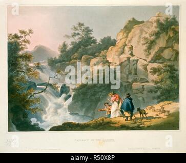 Sur la cataracte Llugwy. Les touristes à la recherche dans une chute. Vue d'une cataracte sur l'Llugwy à partir d'un dessin original de P I de Loutherbourg. R. Bowyer, 1806. La rivière Llugwy est un affluent de la rivière Conwy, et a sa source à Ffynnon Llugwy, un lac dans la chaîne de montagnes Carneddau de Snowdonia. Source : Maps K.Haut.46,54.1. Loutherbough Auteur : Philippe, Jacques de. Banque D'Images