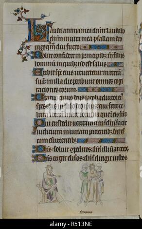 Bas-de-page de la scène avant qu'un roi et d'être emmené par deux hommes, un 'L' initiale décorée(auda) . Psautier ('Le psautier de la Reine Mary"). Angleterre (Londres/Westminster ou East Anglia ?) ; entre 1310 et 1320. Source : Royal 2 B. VII, f.276v. Langue : Français de l'Amérique latine, avec les légendes des images. Banque D'Images