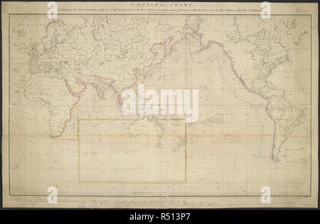 Un tableau général présentant les découvertes faites par le capitaine James Cook dans le présent et ses deux voyages précédents, avec les pistes des navires sous son commandement. Un tableau général présentant les découvertes faites par Captâ¿ J. Cook dans ce et ses deux voyages précédents, avec les pistes des navires sous son commandement. Par le lieutenant H. Roberts ... Monde sculptures Palmer. [Paris], [1784]. Source : * 973 cartes.(2.). Langue : Anglais. Banque D'Images