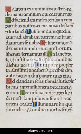 La page de texte ; Benedictus. Mirandola Heures. Italie, vers 1490-1499. [Ensemble] folio page Texte de la heures de la Vierge ; le Benedictus [Luc 1, 71-79] Image prise de Mirandola Heures. Publié à l'origine/produit en Italie, vers 1490-1499. Source : ajouter. 50002, f.27. Langue : le latin. Banque D'Images