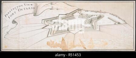 Vue du Fort de l'Ontario Le sud-est, avec l'Union Jack, volant au-dessus de ses murs et d'une rangée de maisons donnant sur le lac Ontario à l'arrière-plan. Vue EN PERSPECTIVE DE FORT DE L'ONTARIO. 1761. Laver, d'encre et graphite. Source : Maps K.Haut.121,94. Langue : Anglais. Banque D'Images