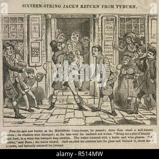 16-string Jack's retour de Tyburn." John 'Sixteen String Jack' Rann (1750 â€" 30 novembre 1774) était un criminel anglais et 379. Il a été un éminent et colorée figure local renommé pour son esprit et le charme, il sera plus tard connu comme 'Sixteen String Jack' pour les 16 différentes chaînes de couleur il portait sur les genoux de sa culotte de soie entre autres costumes excentriques. exécuté publiquement à Tyburn à l'âge de 24 ans. . La fois. Londres, 1er mars 1840. Source : La Times, 01.03.1840, page 2. Banque D'Images