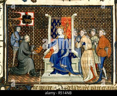 Présentation de Richard II. Traité adressée à Richard II d'Angleterre. France (Paris), 1395-1396. (Miniature) le roi Richard II intronisé, la réception de l'ouvrage de l'auteur, qui est présenté comme un moine dans un habit gris, portant une banderole représentant le Saint Agneau. Derrière, un homme à la massue, et quatre habillés à la mode courtisans. Image réalisée à partir d'Treatise adressée à Richard II d'Angleterre. Publié à l'origine/produit en France (Paris), 1395-1396. . Source : Royal 20 B. VI, f.2. Langue : Français. Banque D'Images