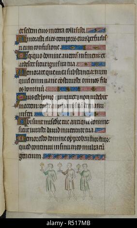 Bas-de-page scène de trois jeunes hommes transportant l'or de tasses. Psautier ('Le psautier de la Reine Mary"). Angleterre (Londres/Westminster ou East Anglia ?) ; entre 1310 et 1320. Source : Royal 2 B. VII, f.202. Langue : Français de l'Amérique latine, avec les légendes des images. Banque D'Images