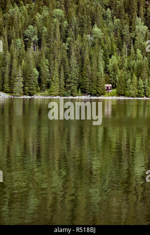 Petite cabane au bord d'un lac en Norvège entouré de forêt de pins verts reflètent dans le lac. Banque D'Images