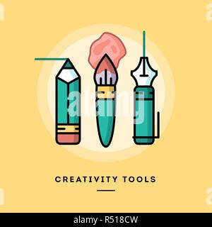 Set of pencil, paintbrush and fountain pen, flat design line banner Illustration de Vecteur