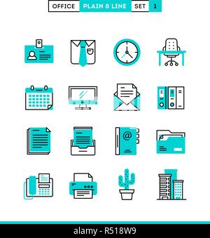 Office de choses, plaine et line icons set, modèle plat Illustration de Vecteur