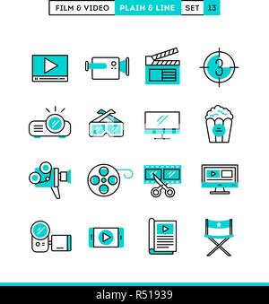 Film, vidéo, tournage, montage et plus encore. Plaine et line icons set, modèle plat Illustration de Vecteur