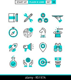 Démarrer une entreprise, stratégie, marketing, finances et plus encore. Plaine et line icons set, modèle plat Illustration de Vecteur