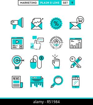 Digital marketing, commerce en ligne, le public cible, le salaire par clic et plus encore. Plaine et line icons set, modèle plat Illustration de Vecteur