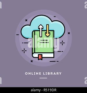 Bibliothèque en ligne, version plate fine ligne banner Illustration de Vecteur
