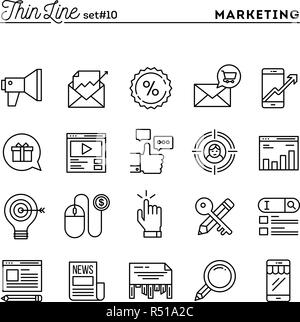 Digital marketing, commerce en ligne, le public cible, le salaire par clic et plus, fine ligne icons set Illustration de Vecteur