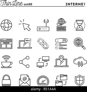 Internet, réseau mondial, cloud computing, connexion Wi-Fi gratuite et plus, fine ligne icons set Illustration de Vecteur