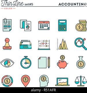 La comptabilité, les statistiques des entreprises, l'heure, la gestion de l'argent en plus, fine ligne color icons set Illustration de Vecteur