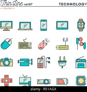 La technologie, gadgets, périphériques et plus, fine ligne color icons set Illustration de Vecteur