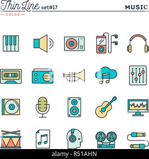La musique, le son, l'enregistrement, l'édition et plus, fine ligne color icons set Illustration de Vecteur