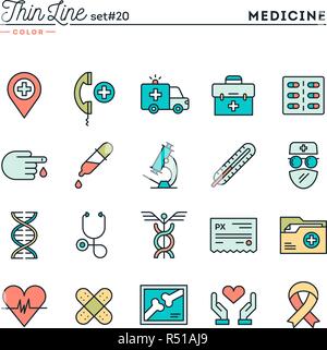 La médecine, les soins de santé, d'urgence, pharmacologie et plus, fine ligne color icons set Illustration de Vecteur