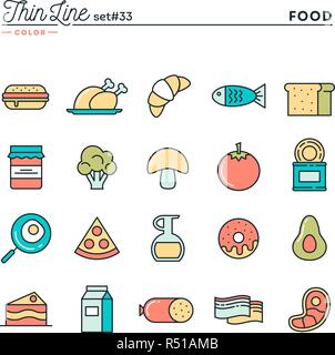 La nourriture, de la viande, des légumes et plus, fine ligne color icons set Illustration de Vecteur