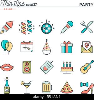 Parti, célébration, artifice, confettis et plus, fine ligne color icons set Illustration de Vecteur