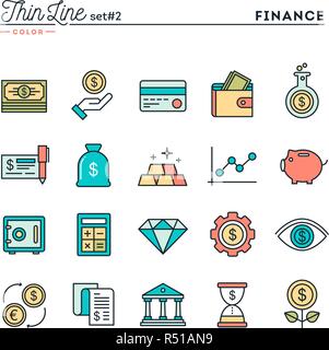 Finances, de l'argent, la banque, les entreprises et plus, fine ligne color icons set Illustration de Vecteur