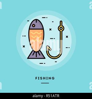 Pêche, modèle plat, fine ligne banner Illustration de Vecteur