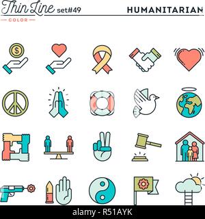 L'aide humanitaire, de la paix, de la justice, des droits de l'homme et plus, fine ligne color icons set Illustration de Vecteur